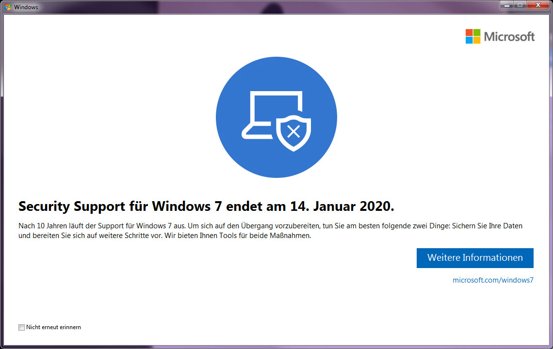 Security Support für Windows 7 endet am 14. Januar 2020.